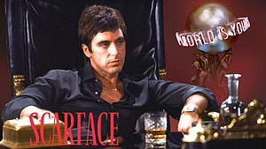 Scarface Tony Montana Sitting in Office with World Is Yours Globe HD wallpaper