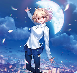 Arcueid Anime Character in White Turtleneck Under a Full Moon with City Skyline HD wallpaper