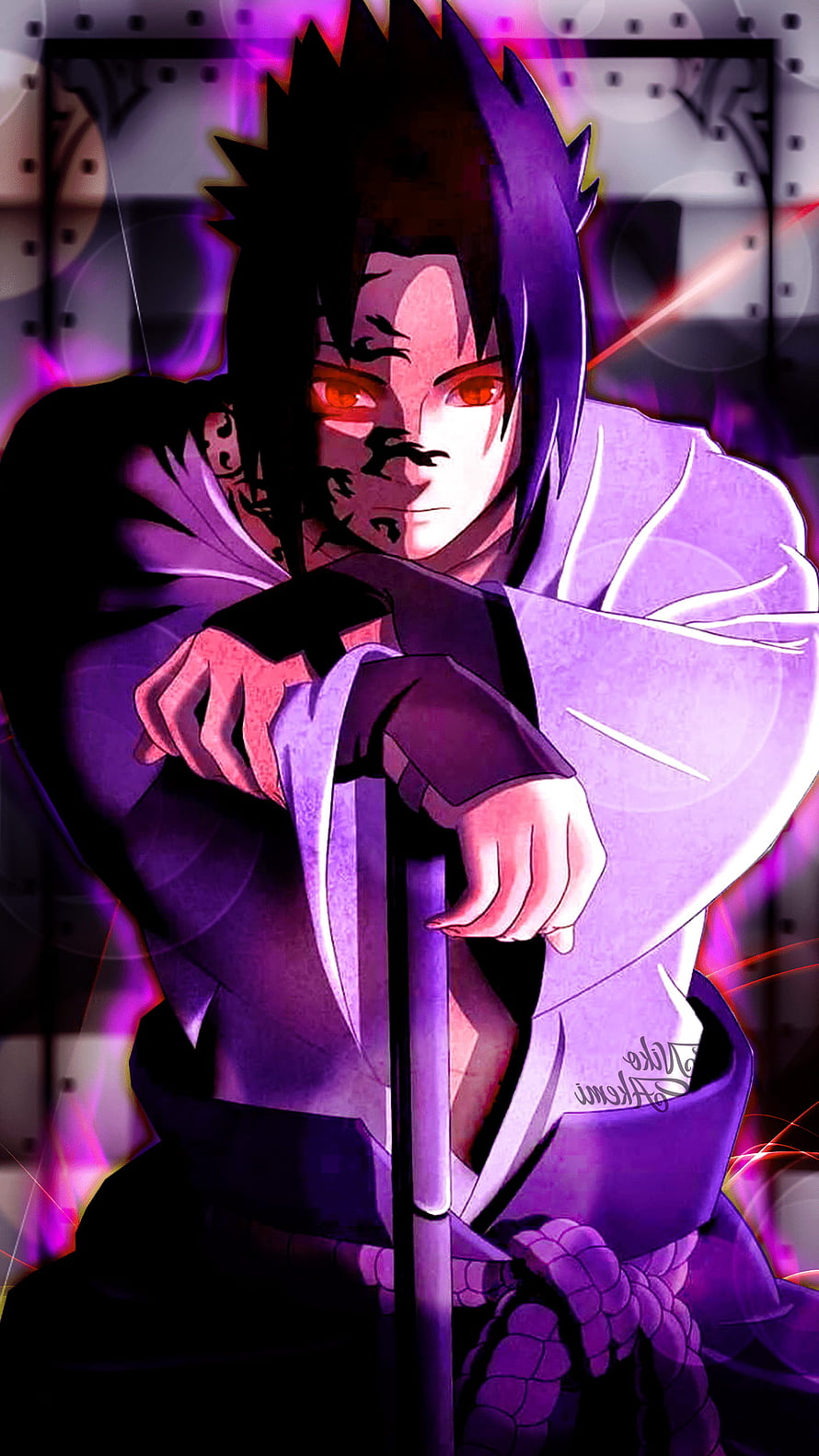 Sasuke Uchiha in Dark Purple Attire with Glowing Red Eyes and Cursed Mark HD phone wallpaper