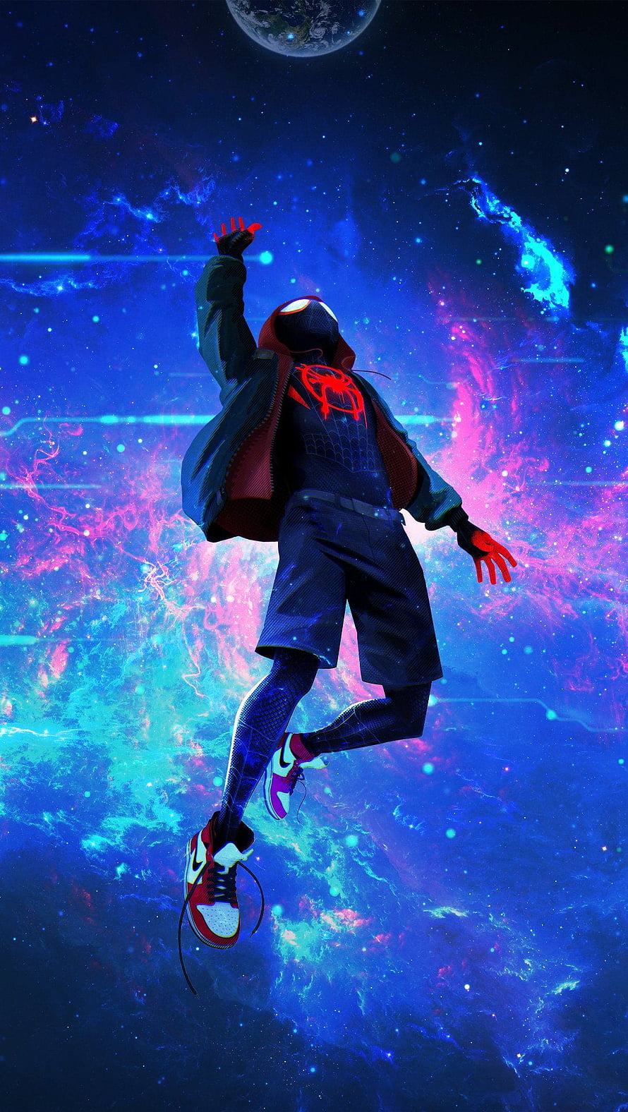 Miles Morales Spider-Man Floating in Vibrant Cosmic Nebula HD phone wallpaper