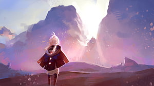 Sky Children of the Light Character Gazing at Distant Castle in Pastel Landscape HD wallpaper