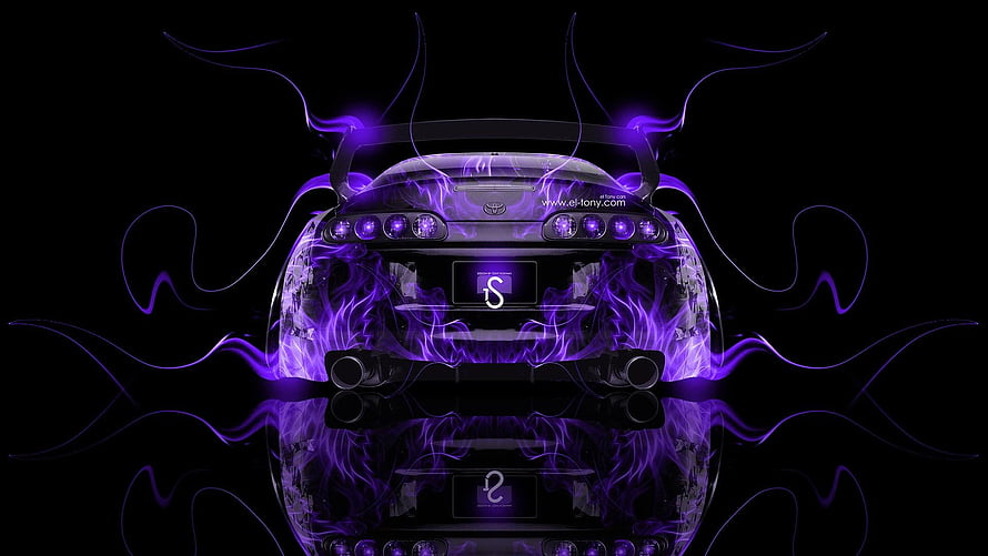 Purple Toyota Supra JDM Rear View with Neon Flames and Reflection HD wallpaper