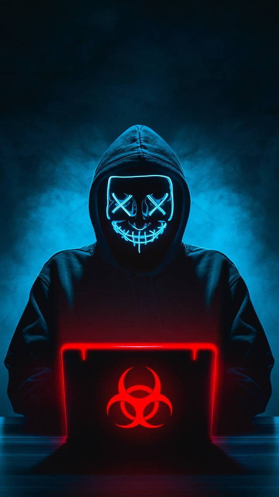Hacker in Glowing Neon Mask with Biohazard Laptop in Dark Smoky Room HD phone wallpaper