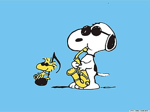 Snoopy and Woodstock Playing Jazz Instruments in Classic Peanuts Comic Style HD wallpaper