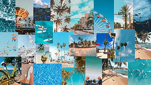 Summer Beach Collage Wallpaper Featuring Palm Trees, Ocean Waves, and Coastal Vibes HD wallpaper