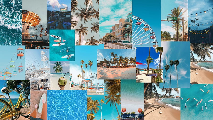 Summer Beach Collage Wallpaper Featuring Palm Trees, Ocean Waves, and Coastal Vibes HD wallpaper