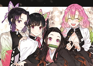 Demon Slayer Girls in School Uniforms: Nezuko, Kanao, Shinobu, and Mitsuri HD wallpaper