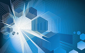 Abstract Geometric Wireframe Tunnel with Blue Hexagonal Patterns and Digital Light Rays HD wallpaper