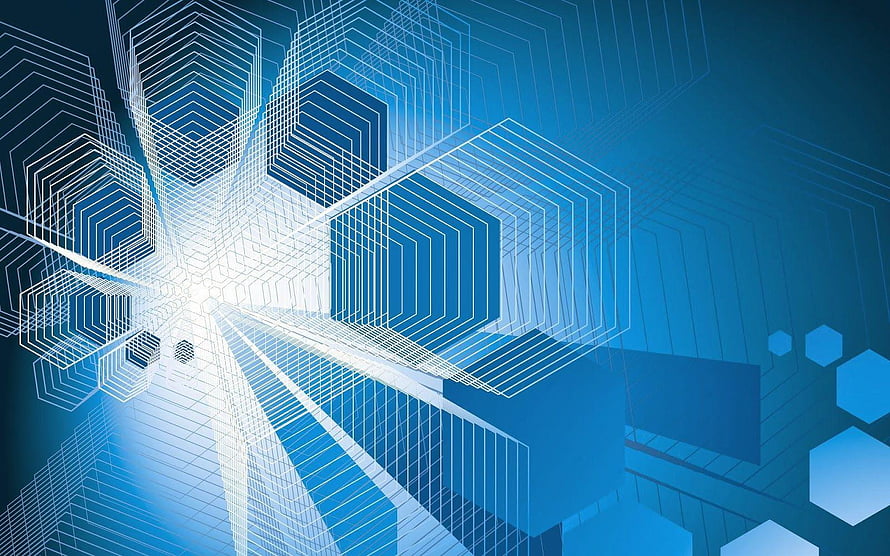 Abstract Geometric Wireframe Tunnel with Blue Hexagonal Patterns and Digital Light Rays HD wallpaper