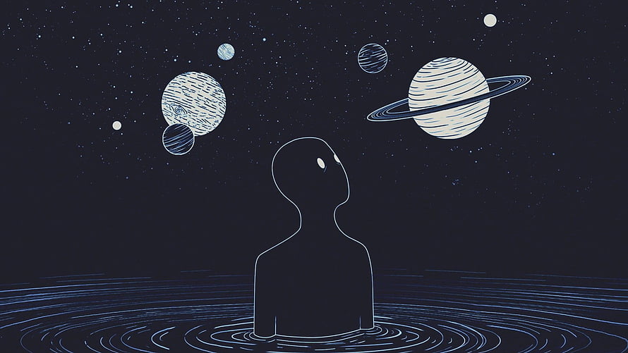 Silhouette of a figure gazing at planets and stars in a minimalist night sky illustration HD wallpaper