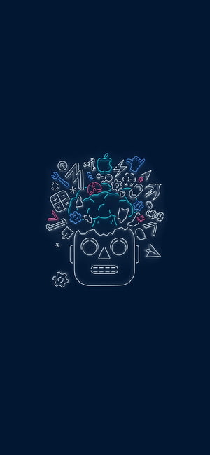 Neon Robot Head with Tech Icons and Brain on Dark Blue Background HD phone wallpaper