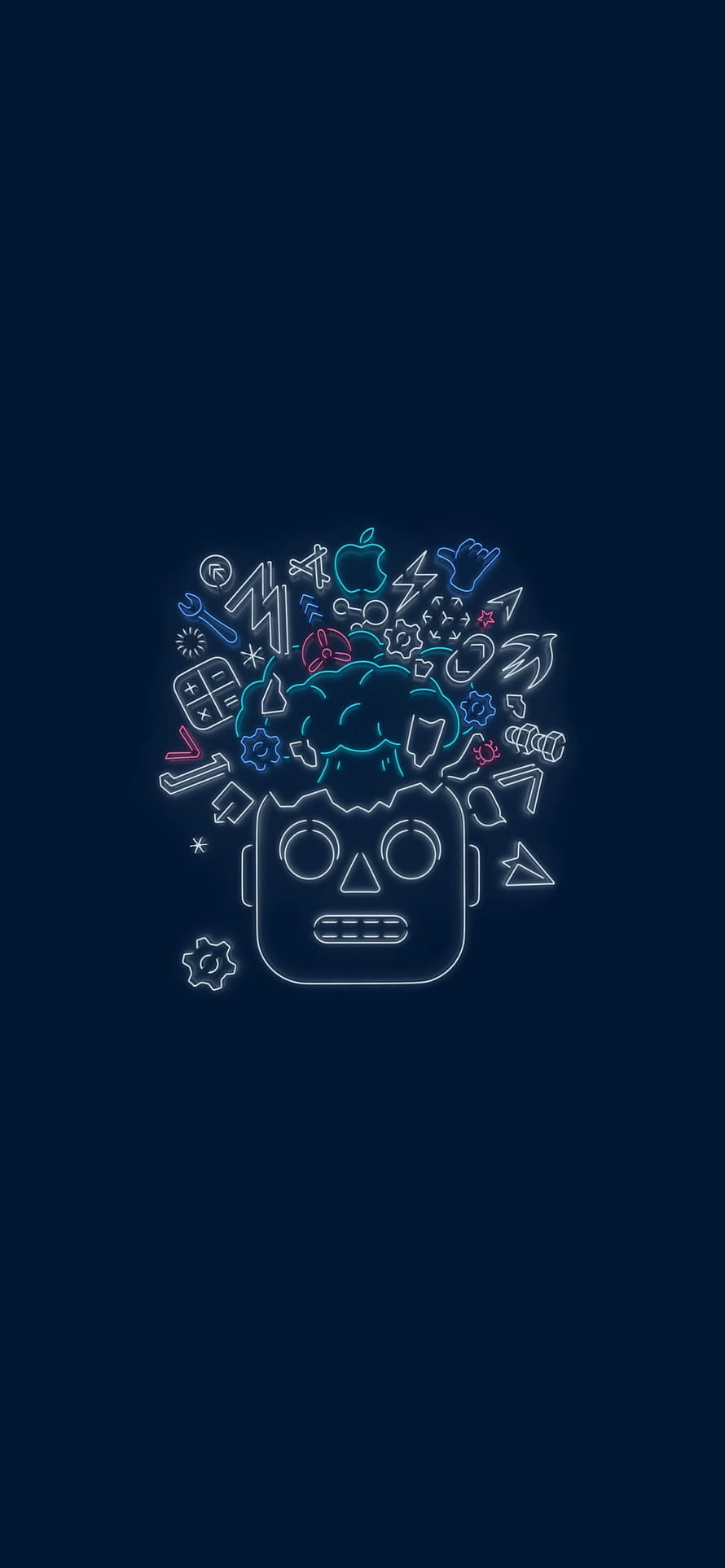 Neon Robot Head with Tech Icons and Brain on Dark Blue Background HD phone wallpaper