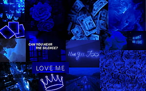 Dark Blue Aesthetic Collage Featuring Neon Signs, Roses, and Moody Night Scenes HD wallpaper