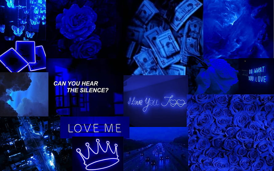 Dark Blue Aesthetic Collage Featuring Neon Signs, Roses, and Moody Night Scenes HD wallpaper