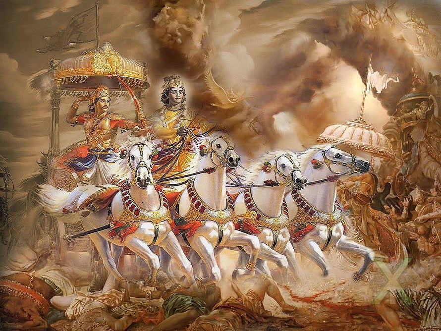 Sri Krishna and Arjuna in a Divine Chariot Battle Scene from the Mahabharata HD wallpaper