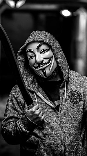 Black and White Portrait of a Person Wearing a Guy Fawkes Mask and Hoodie HD phone wallpaper