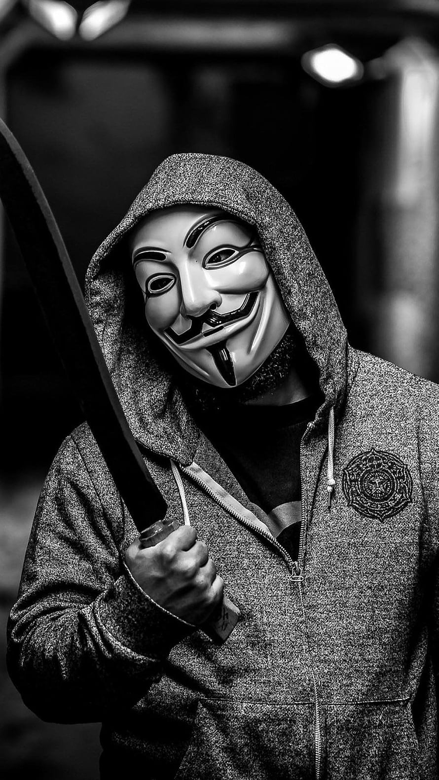 Black and White Portrait of a Person Wearing a Guy Fawkes Mask and Hoodie HD phone wallpaper