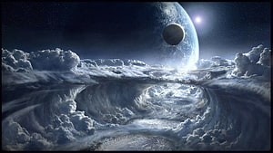 Epic Alien Planet with Moons Rising Above a Vast Cloud Sea in Deep Space HD wallpaper