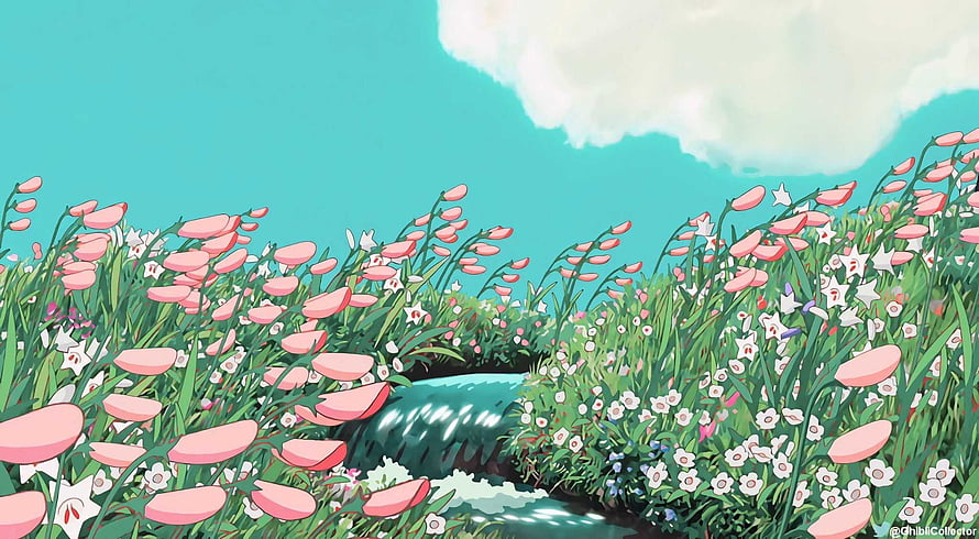 Cottagecore Meadow With Pink Flowers And Stream Under Blue Sky HD wallpaper