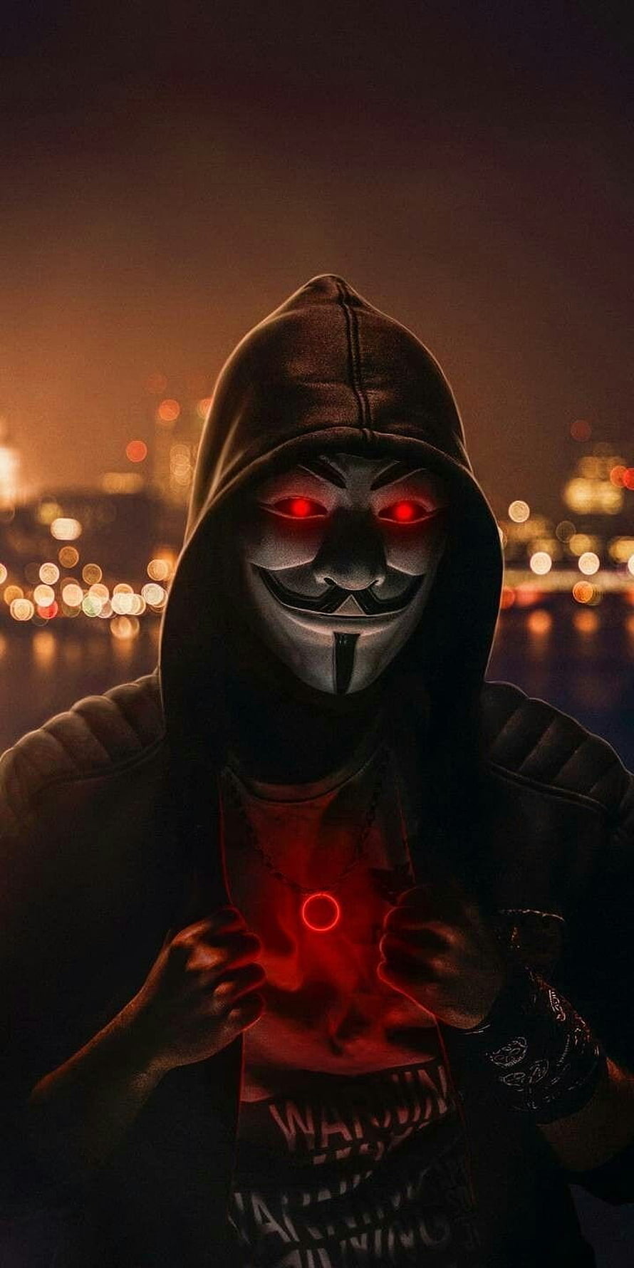 Grim Reaper Hooded Figure with Glowing Red Eyes and Neon Chest Emblem HD phone wallpaper