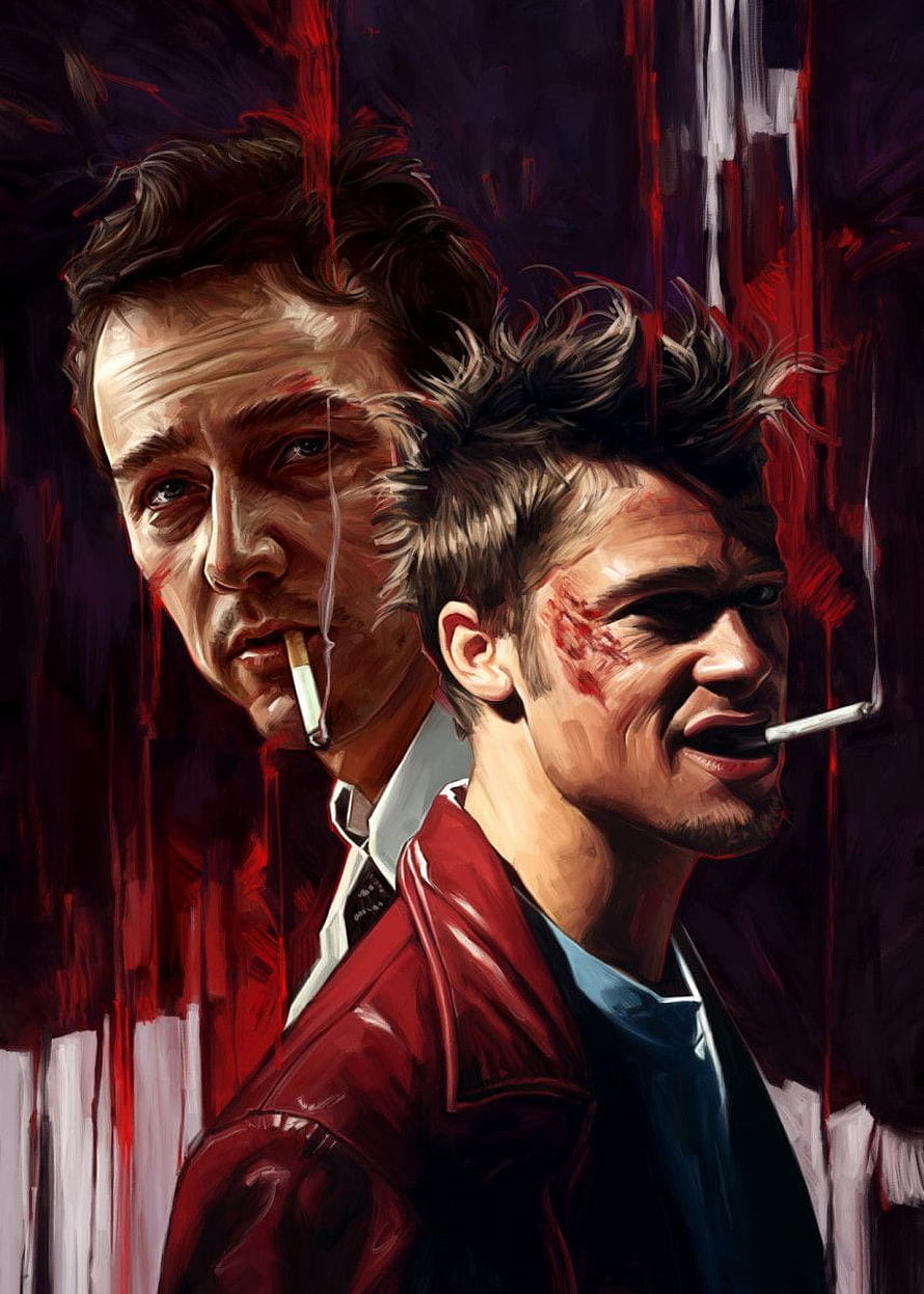 Fight Club Digital Art: Brad Pitt and Edward Norton in a Gritty Red and Dark Portrait HD phone wallpaper