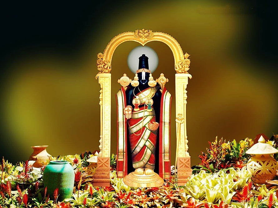 Lord Venkateswara Temple Idol Adorned With Flowers And Golden Arch HD wallpaper