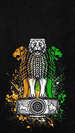 Stylized Ashoka Pillar Lion Capital with Tricolor Splatter on Black Background HD phone wallpaper