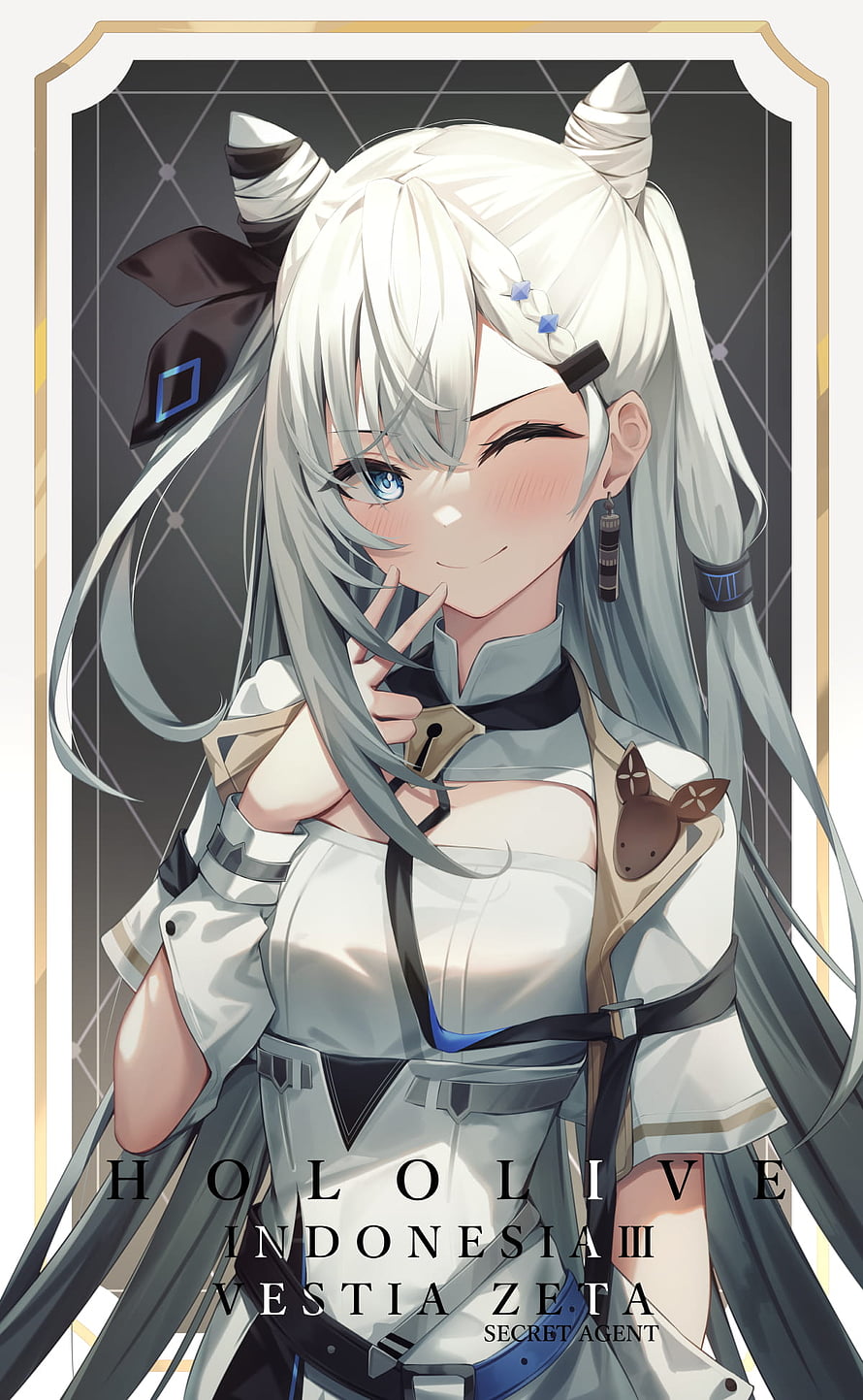 Vestia Zeta Anime Character Portrait in White Tactical Outfit with Silver Hair and Blue Eyes HD phone wallpaper