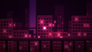 Oneshot Refuge Nighttime Cityscape with Neon Pink and Purple Illuminated Buildings HD wallpaper