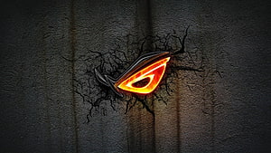 Glowing ROG Eye Logo Breaking Through Cracked Dark Concrete Wall HD wallpaper
