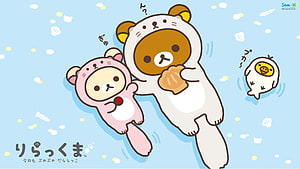 Rilakkuma and Kiiroitori Floating in a Pastel Blue Sky with Bubbles HD wallpaper