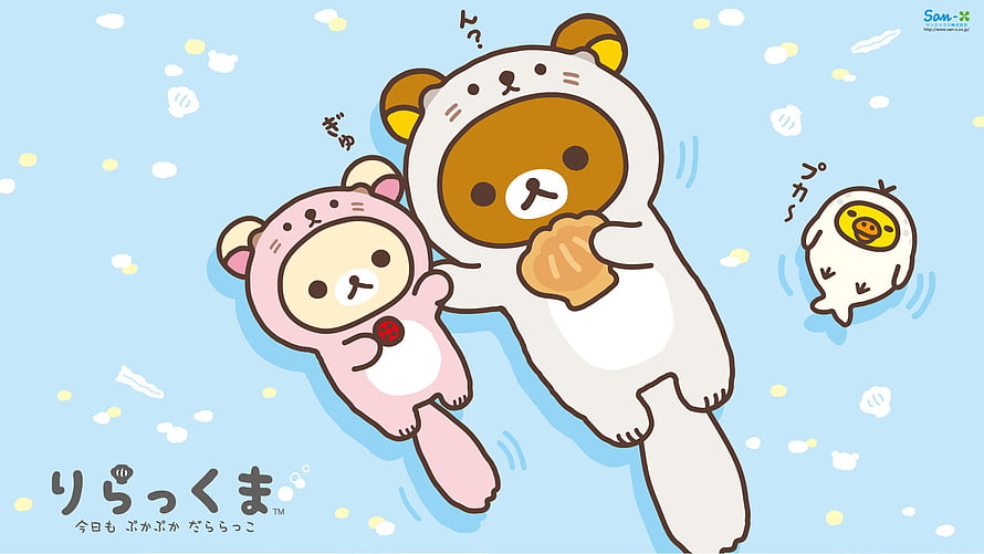 Rilakkuma and Kiiroitori Floating in a Pastel Blue Sky with Bubbles HD wallpaper