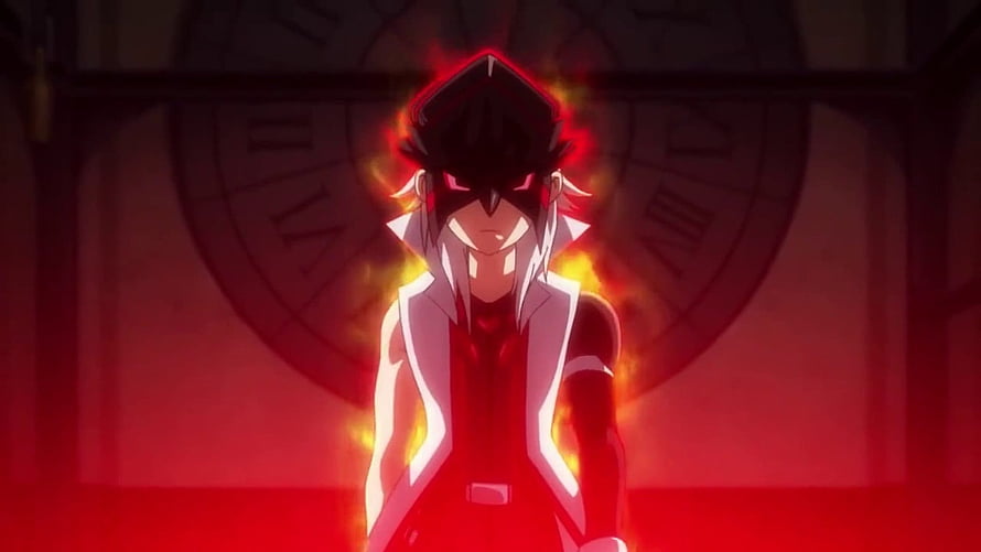 Shu Kurenai from Beyblade Burst Evolution with glowing red eyes and fiery aura HD wallpaper
