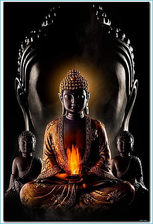 Meditating Buddha Statue with Sacred Flame and Golden Halo HD phone wallpaper