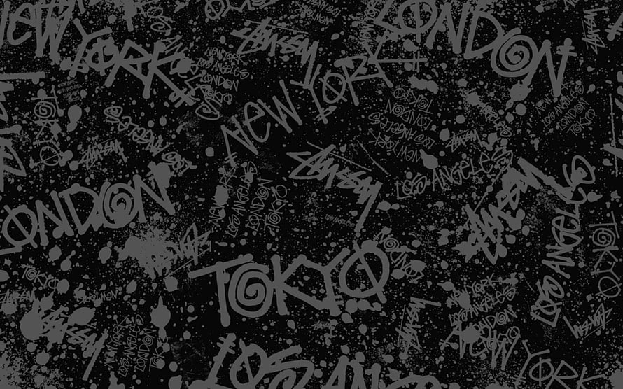Monochrome Grunge Typography Pattern with City Names and Spray Paint Splatter Texture HD wallpaper