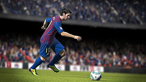 Lionel Messi in Barcelona Kit Dribbling Ball in FIFA 24 Video Game HD wallpaper