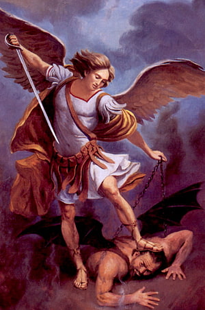 Archangel Michael Defeating the Fallen Angel in Classic Religious Oil Painting HD phone wallpaper