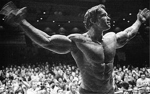 Arnold Schwarzenegger Triumphant Bodybuilding Pose in Black and White HD wallpaper