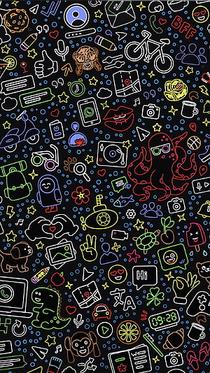 Neon Doodle Pattern Wallpaper with Colorful Icons on Black Background HD phone wallpaper