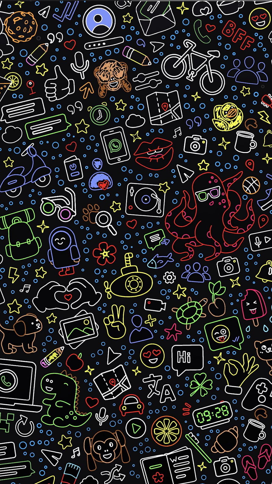 Neon Doodle Pattern Wallpaper with Colorful Icons on Black Background HD phone wallpaper