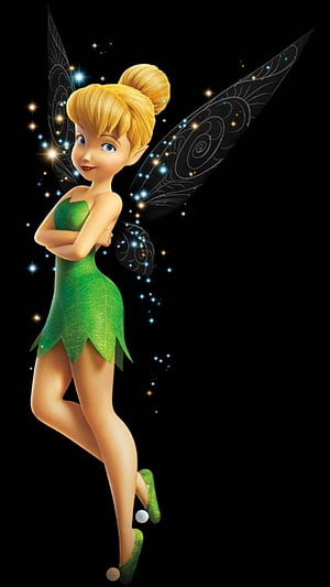 Tinker Bell in Green Leaf Dress with Glowing Wings on Black Background HD phone wallpaper