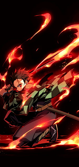 Demon Slayer Tanjiro Kamado in Dark Flame Style with Red Eyes and Checkered Haori HD phone wallpaper