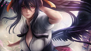 Akeno Himejima Anime Character with Dark Wings and Flowing Hair HD wallpaper