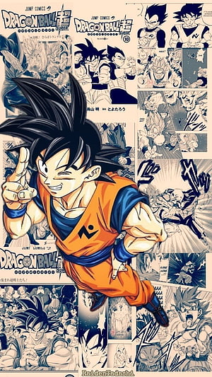 Goku in Orange Gi with Dragon Ball Super Manga Panels Background HD phone wallpaper