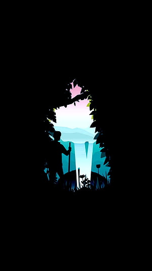 Silhouetted Wanderer Gazing at Distant Mountains Through a Dark Forest Opening HD phone wallpaper