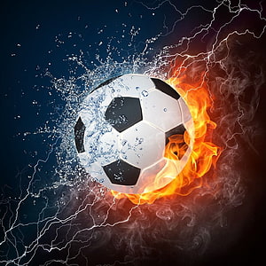 Dramatic Soccer Ball Split by Fire and Water with Lightning Storm Background HD phone wallpaper
