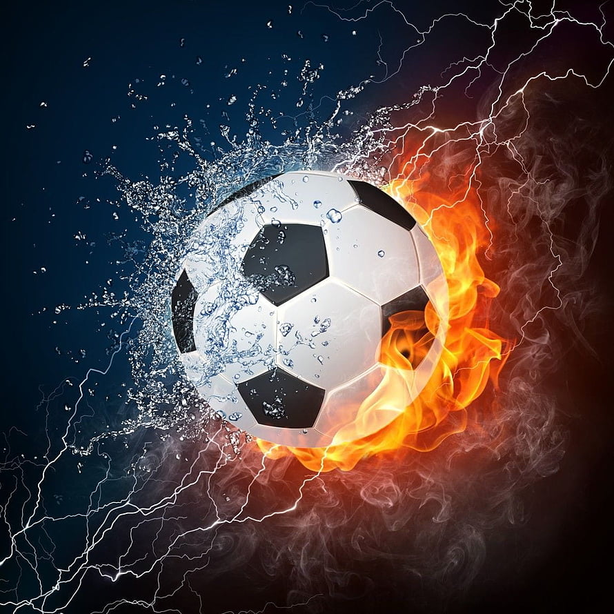 Dramatic Soccer Ball Split by Fire and Water with Lightning Storm Background HD phone wallpaper