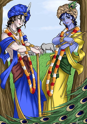 Krishna and Balarama in Anime Style with Peacock Feathers and Cow HD phone wallpaper