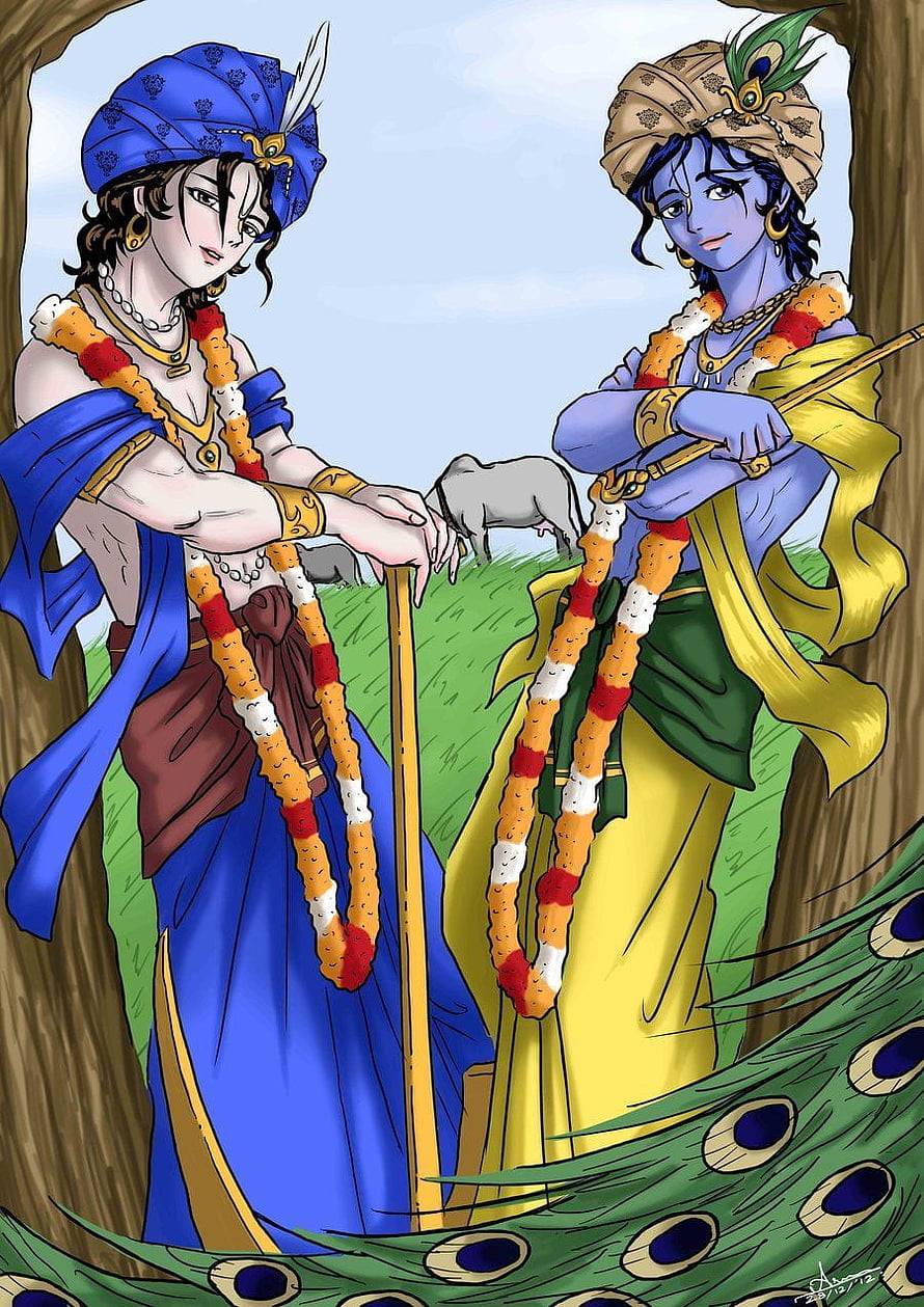 Krishna and Balarama in Anime Style with Peacock Feathers and Cow HD phone wallpaper