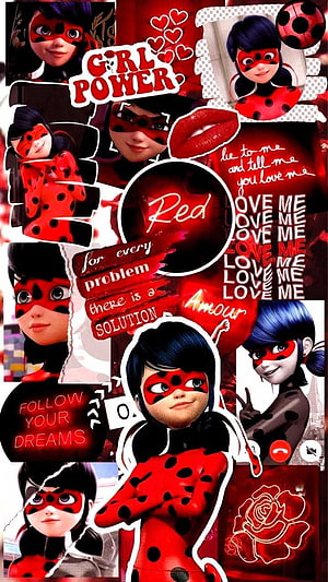 Miraculous Ladybug Red Aesthetic Collage Wallpaper with Girl Power Quotes and Rose Motifs HD phone wallpaper